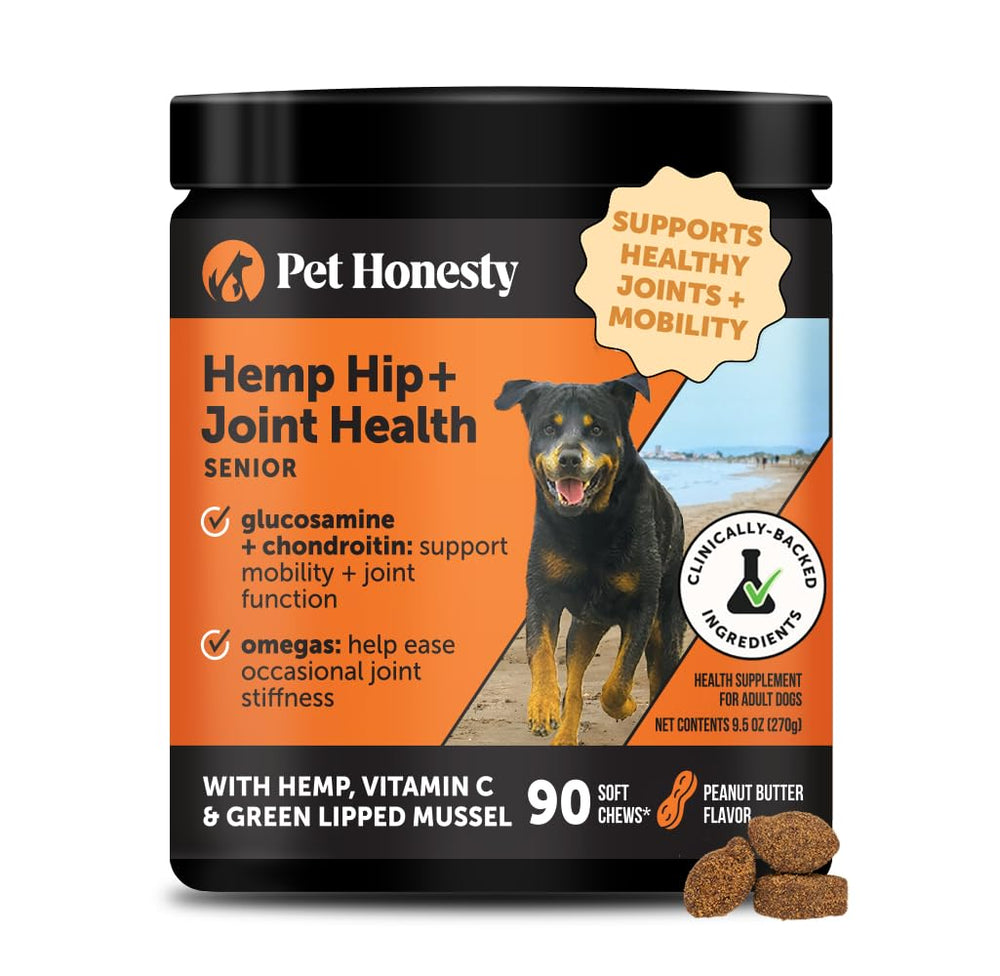 Pet Honesty Senior Hemp Hip Joint Chews bottle-pour for easy dosing.
