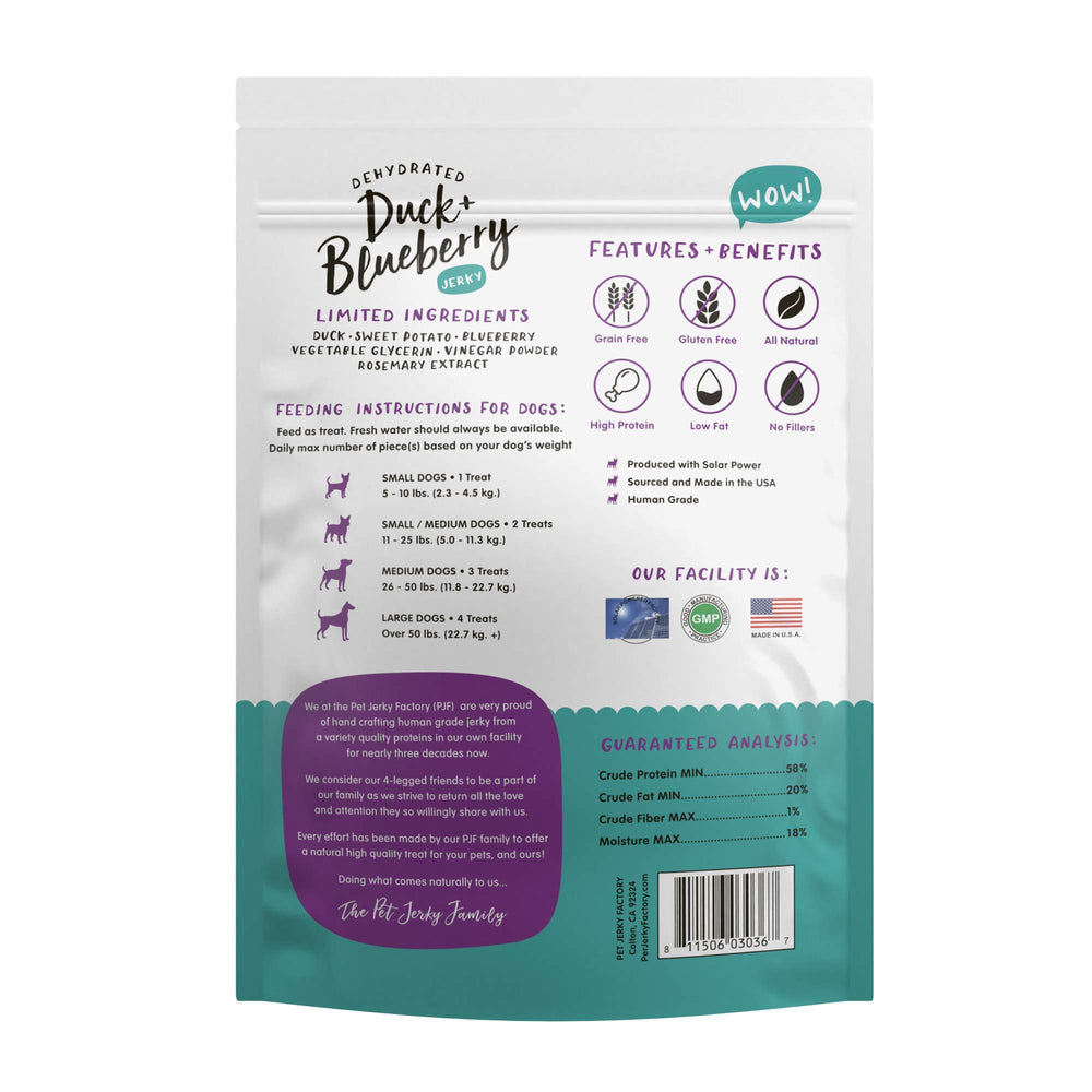Ingrédients naturels Pet Jerky Factory: canard et myrtille pour snack protéiné