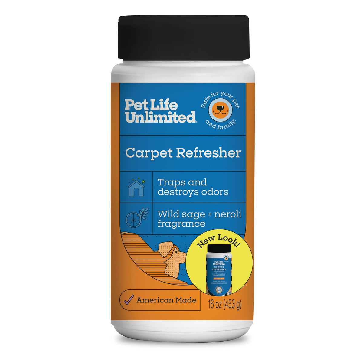 Pet Life Unlimited carpet deodorizer powder bottle pour showing fresh scent for pet spaces.