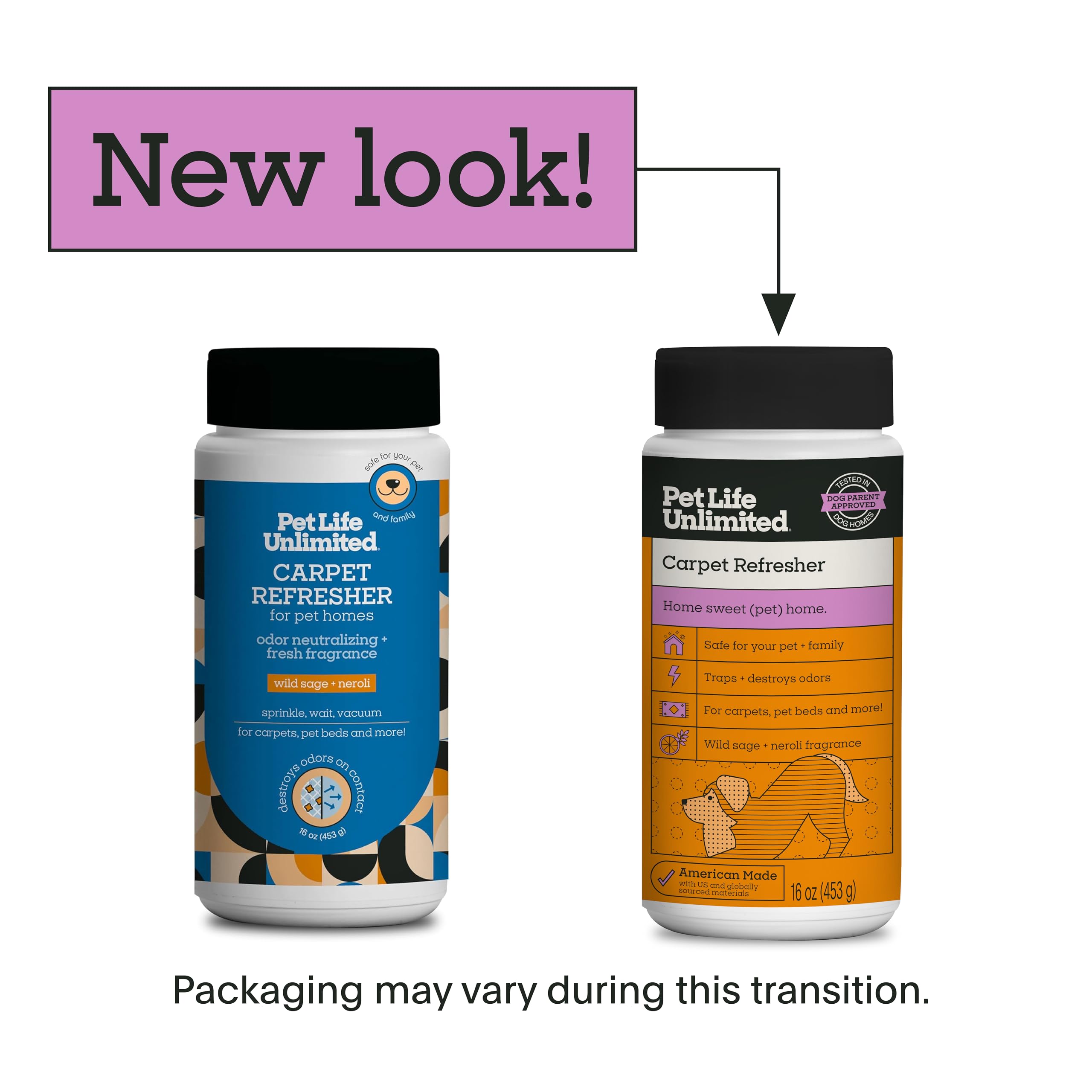 Pet Life Unlimited deodorizer powder sprinkled on carpet for odor removal.