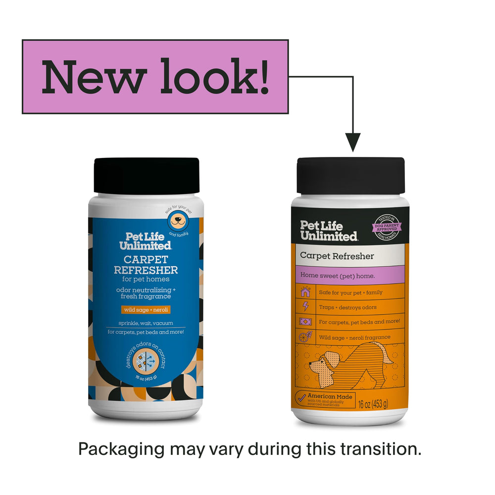 Pet Life Unlimited deodorizer powder sprinkled on carpet for odor removal.