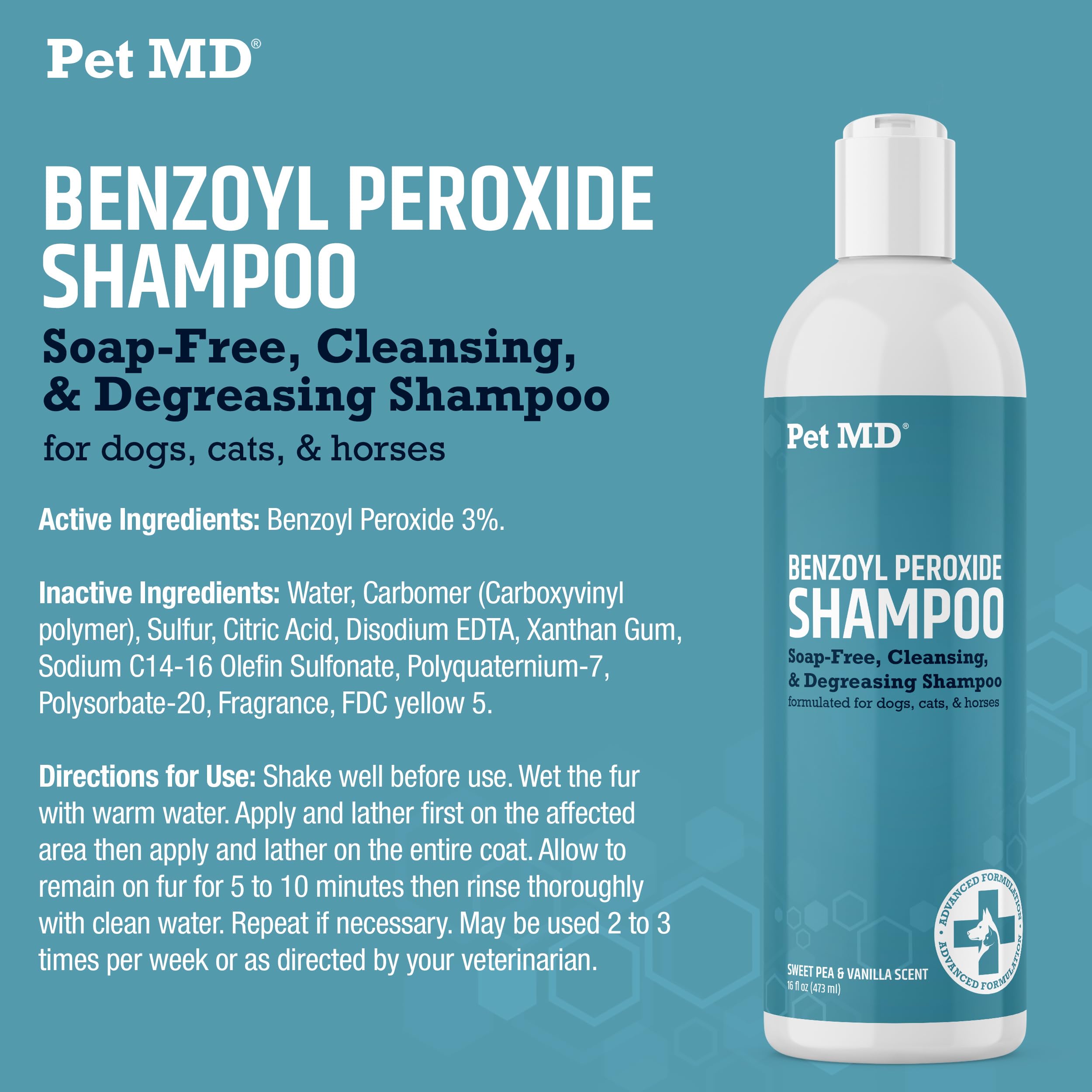 Pet MD Benzoyl Peroxide Medicated Shampoo made in USA signals safety and quality.