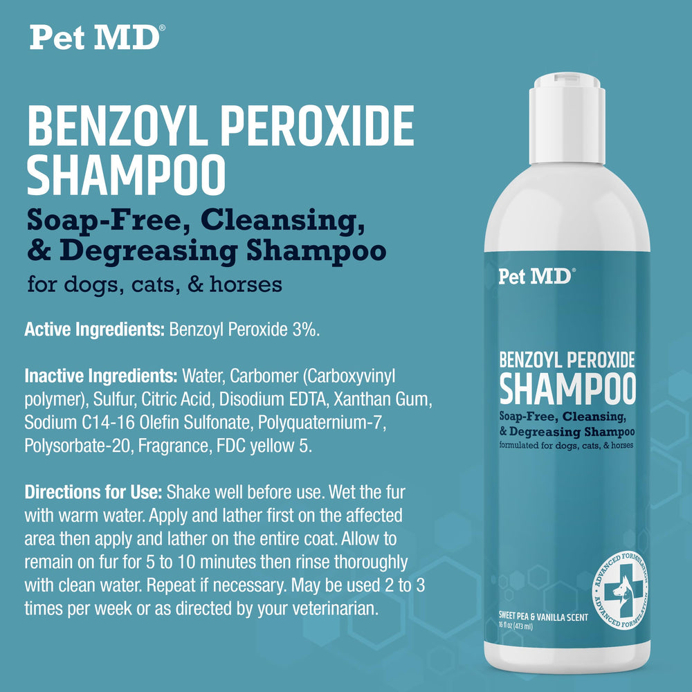 Pet MD Benzoyl Peroxide Medicated Shampoo made in USA signals safety and quality.