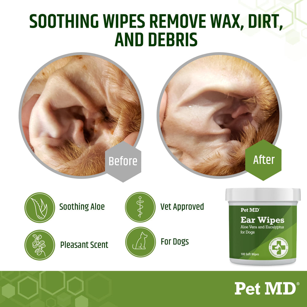 Pet MD dog ear wipes closeup of aloe and eucalyptus for soothing cleansing