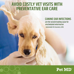 Pet MD dog ear wipes in use on a dog's ear for gentle cleaning