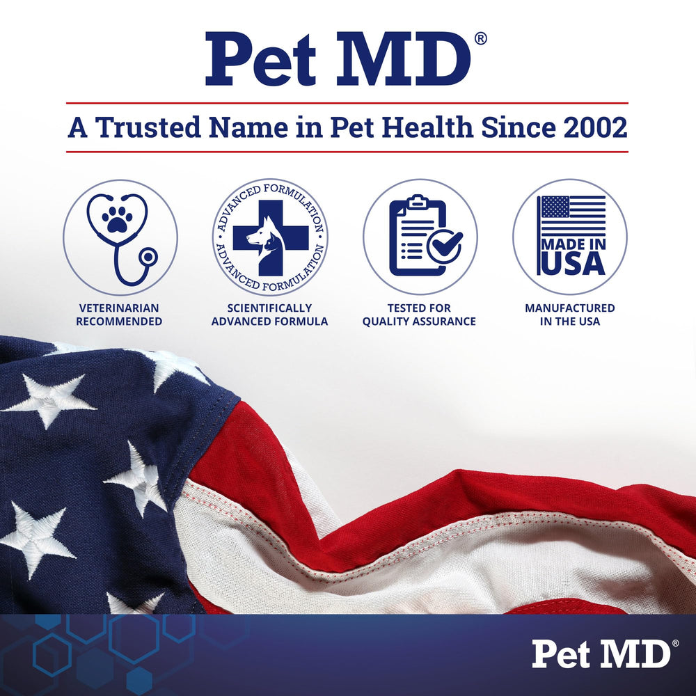 Pet MD dog ear wipes made in USA label indicating quality and safety