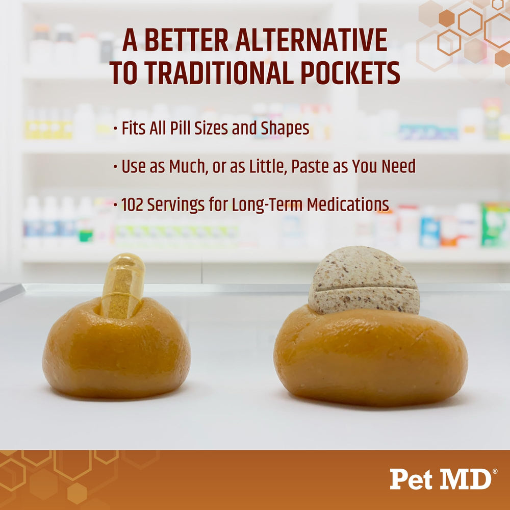 Pet MD Wrap A Pill paste with a dog in action signals stress-free pill time.