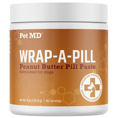 Pet MD Wrap A Pill peanut butter paste front label shows easy pill masking for dogs.
