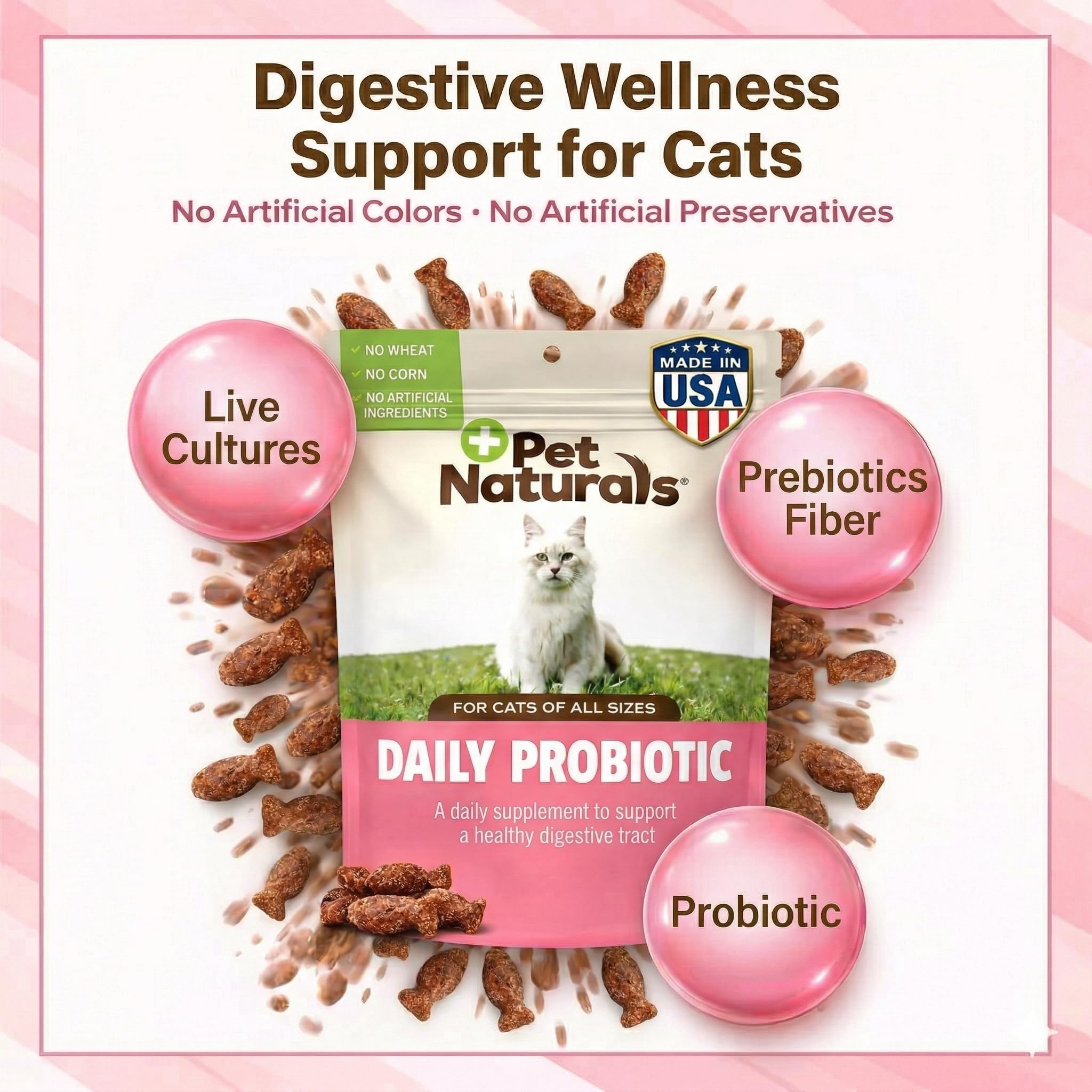 Pet Naturals cat probiotic chews in bowl with duck flavor for easy daily use