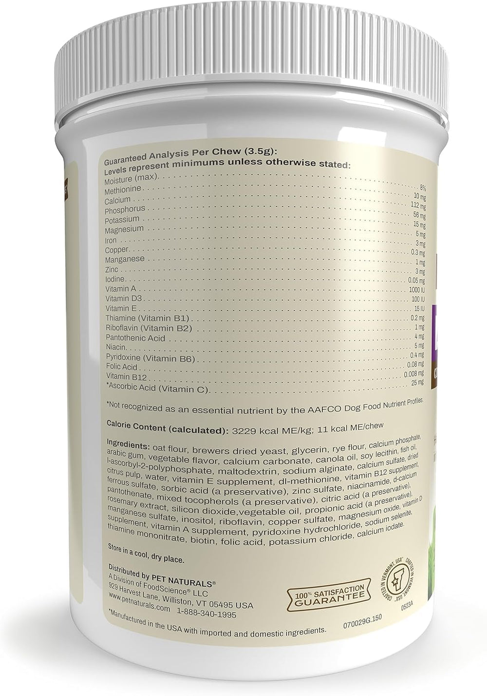 Pet Naturals Daily Multi ingredients panel with 28 nutrients overview.