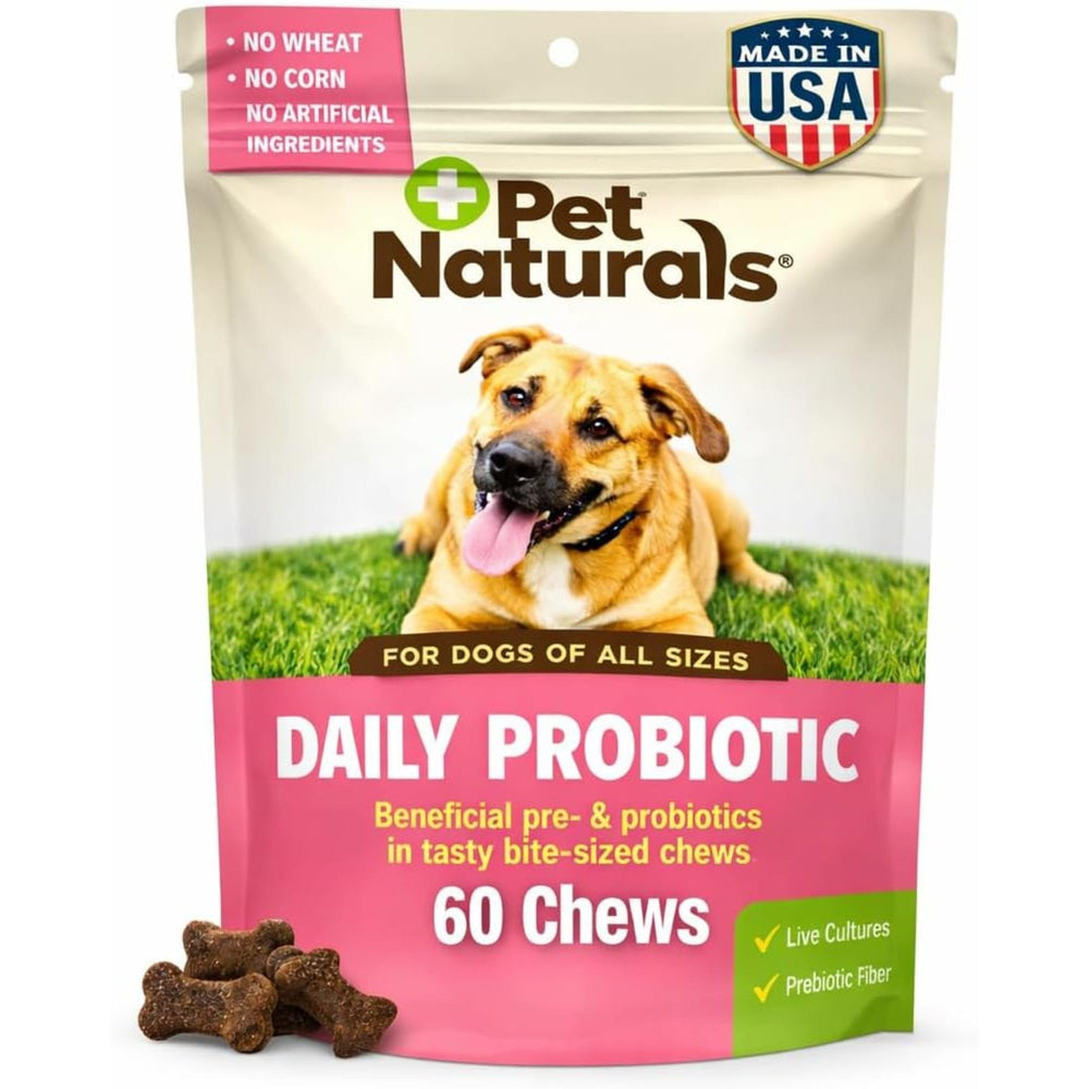 Pet Naturals daily probiotic duck-flavored chew for dogs supports digestive comfort during travel