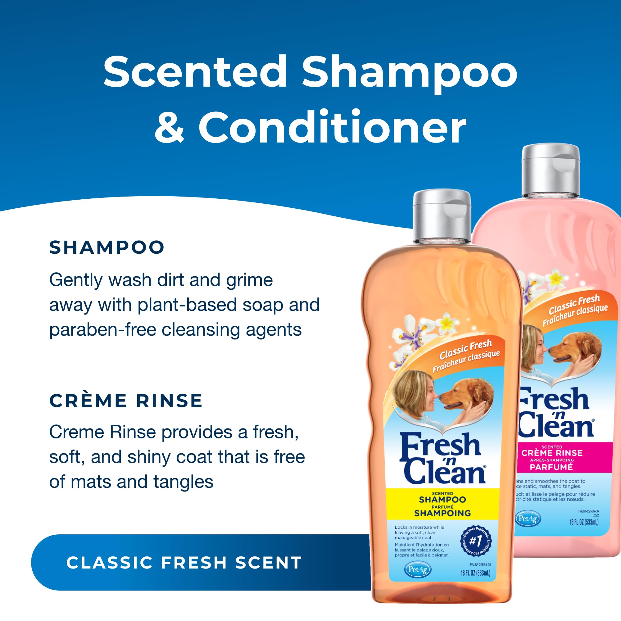 PetAg Fresh ’n Clean Creme Rinse bottle reduces static and tangles for a soft coat.
