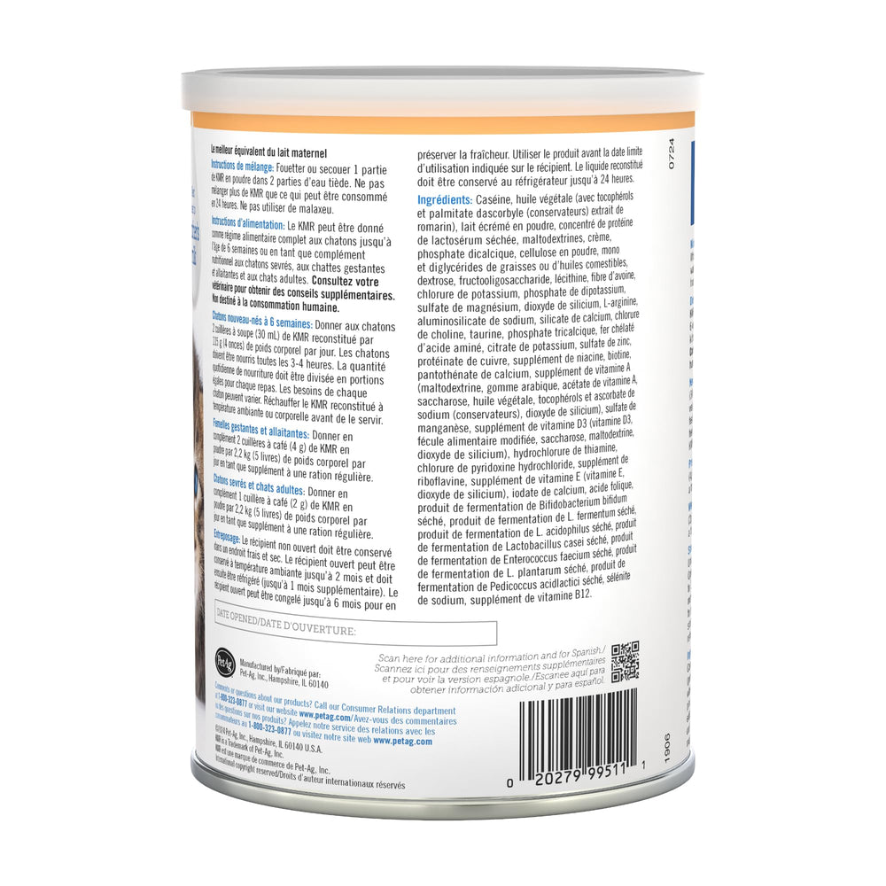 PetAg KMR usage-tips card shows storage and serving guidance.