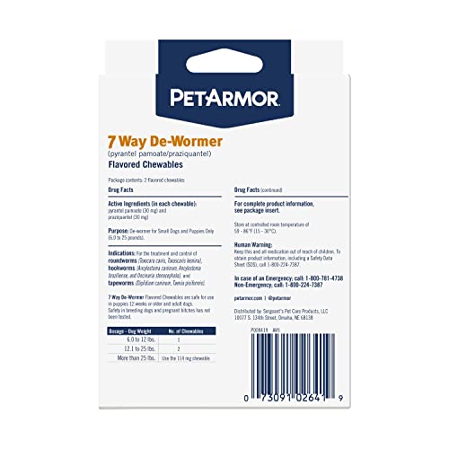 PetArmor 7-Way dewormer chewables closeup showing tasty tablets for easy dosing.