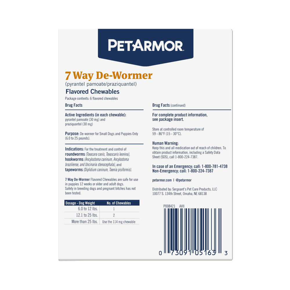 PetArmor 7-Way dewormer dosing chart shown for small dogs.