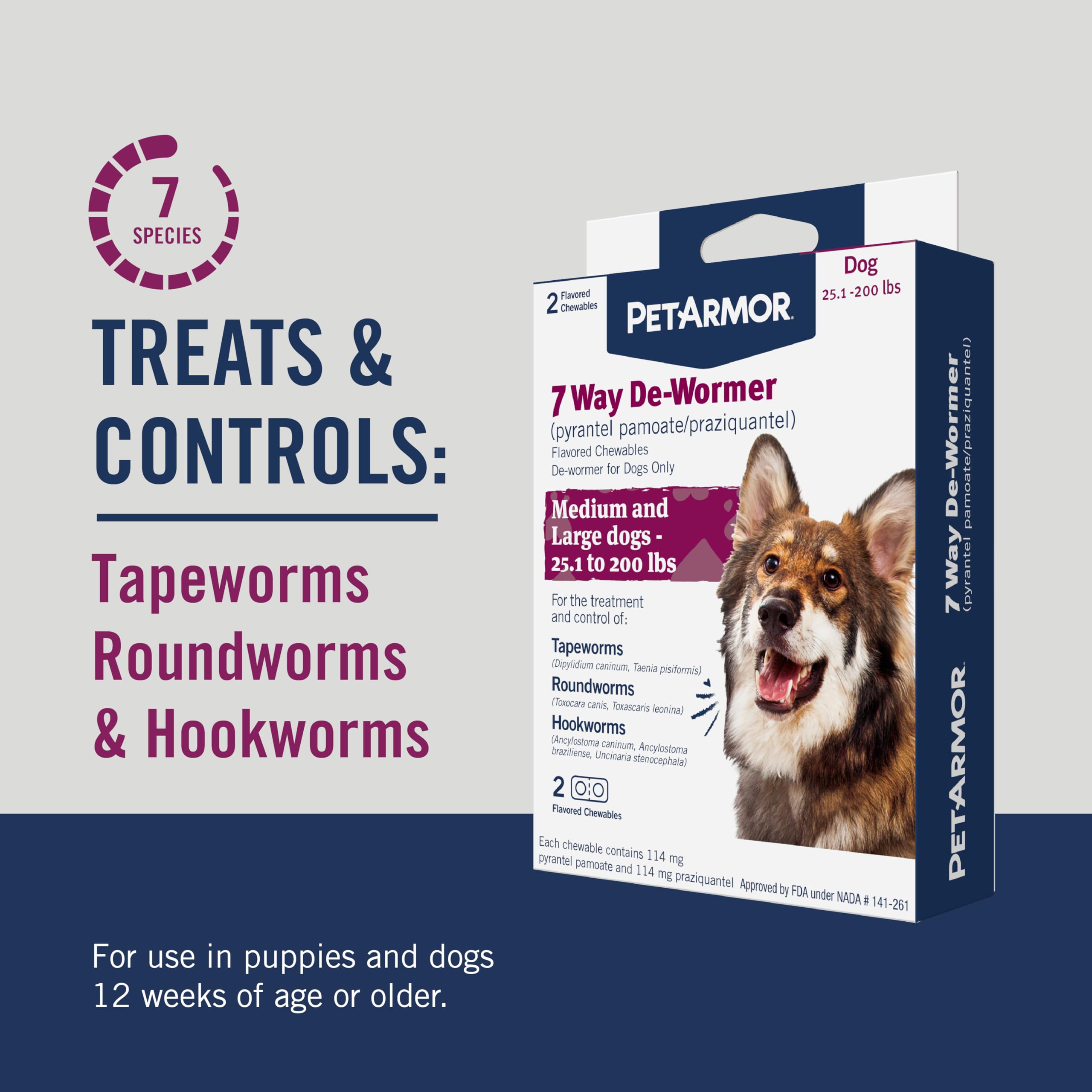 PetArmor 7 Way De-Wormer chewable tablets close-up emphasizes easy administration.