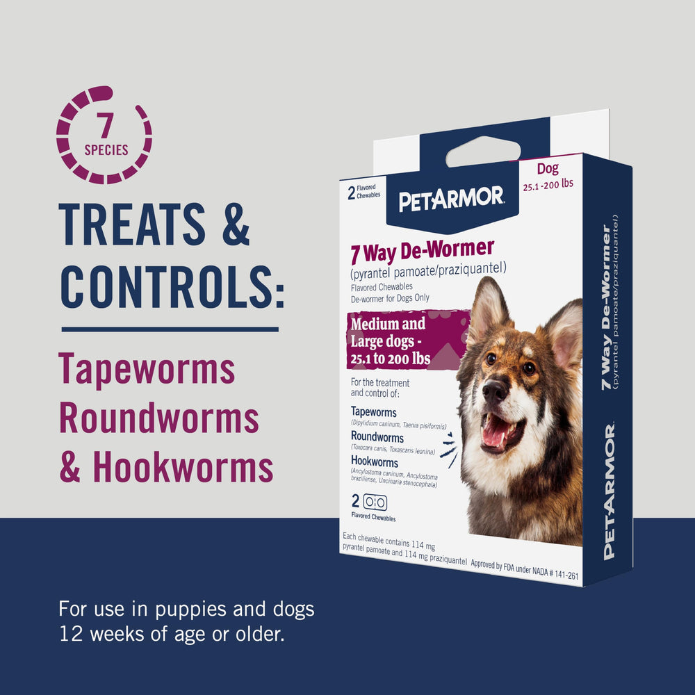 PetArmor 7 Way De-Wormer chewable tablets close-up emphasizes easy administration.