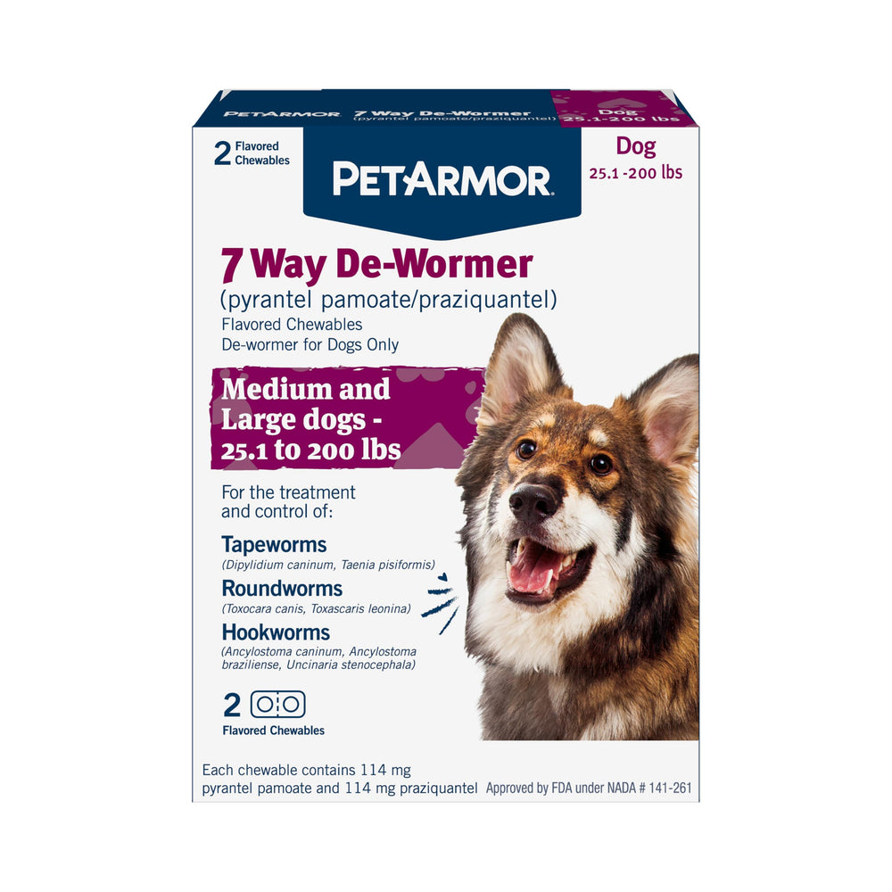 PetArmor 7 Way De-Wormer packaging for dogs shows convenient chewable tablets.