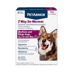 PetArmor 7 Way De-Wormer packaging for dogs shows convenient chewable tablets.