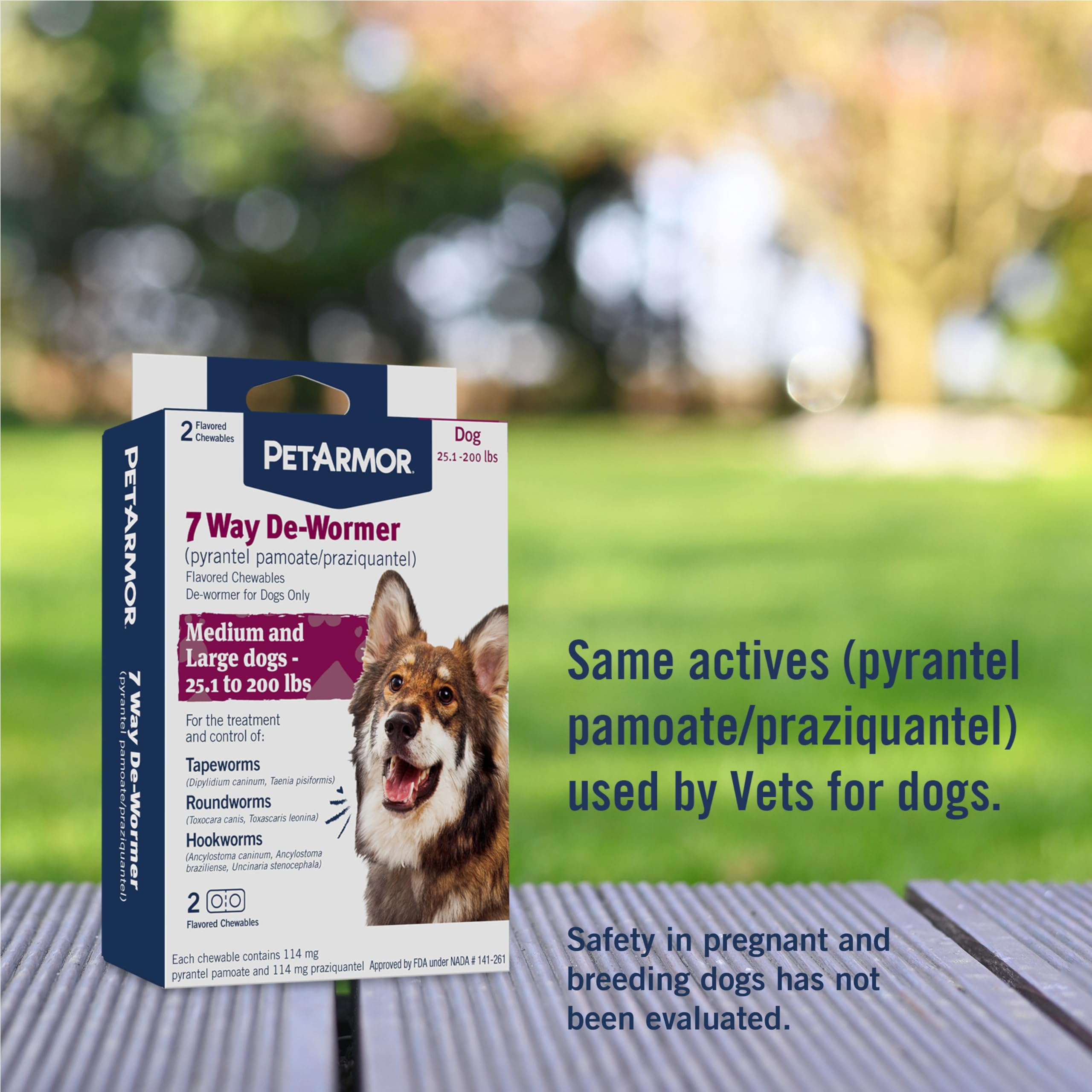 PetArmor 7 Way De-Wormer image focusing on tapeworm types highlights broad coverage.