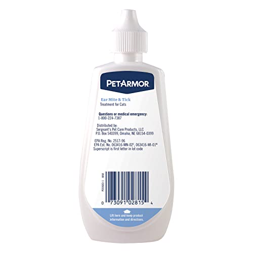 PetArmor Ear Mite Treatment application with five drops into a cat's ear