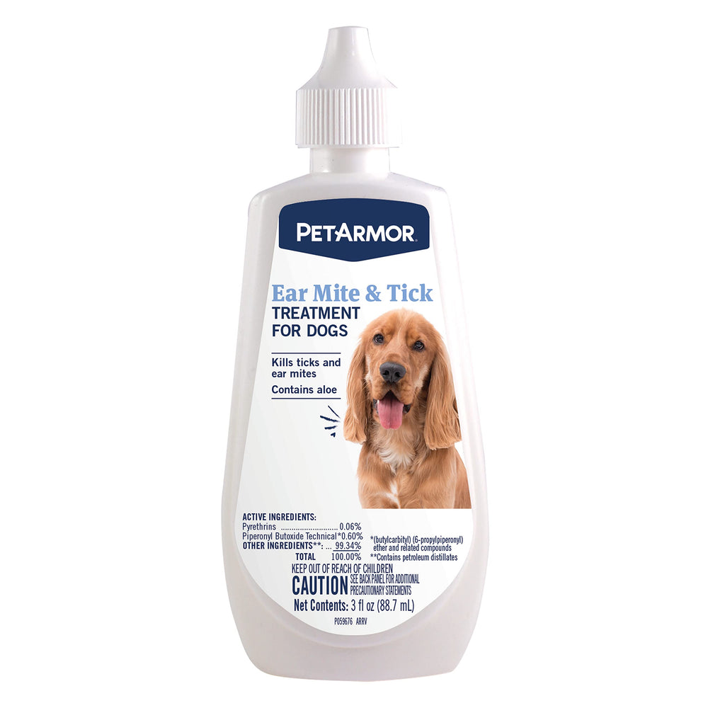 PetArmor ear mite treatment bottle displaying active ingredients for dogs.