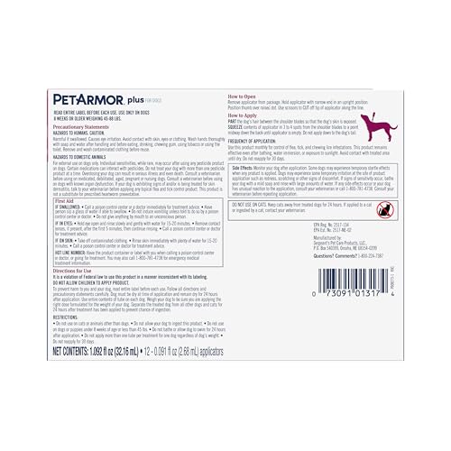 PetArmor Plus dog care product in packaging with simple dosing guide.