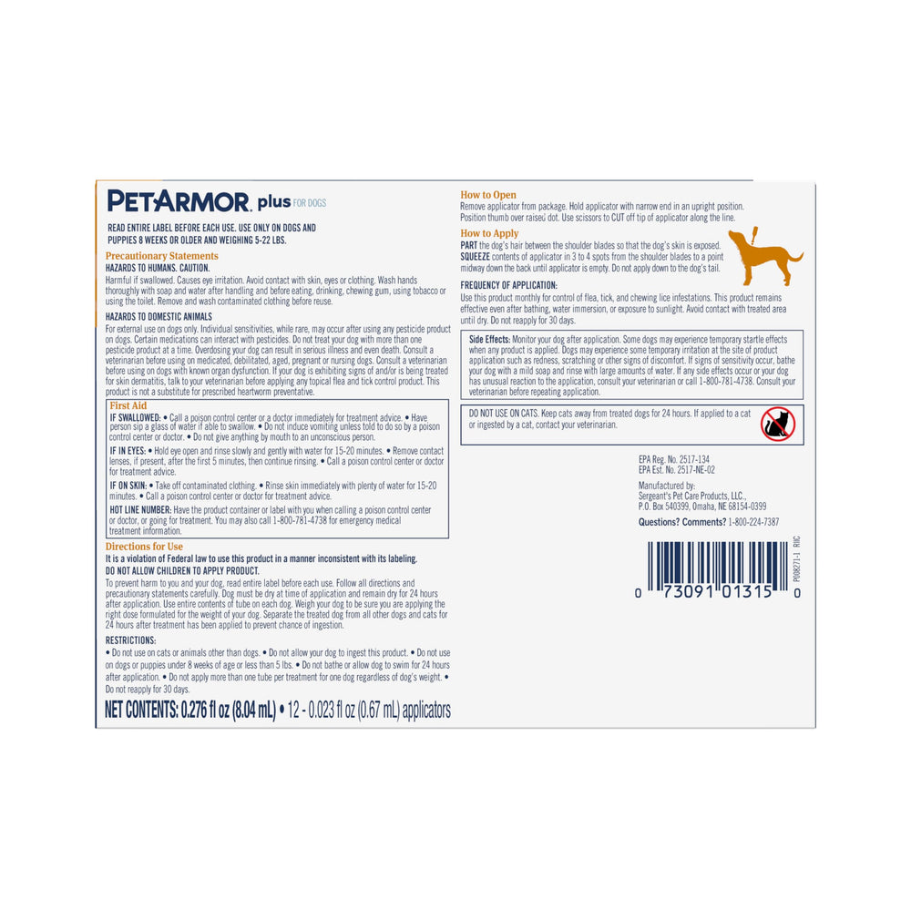 PetArmor Plus shows fipronil and (S)-methoprene ingredients on bottle