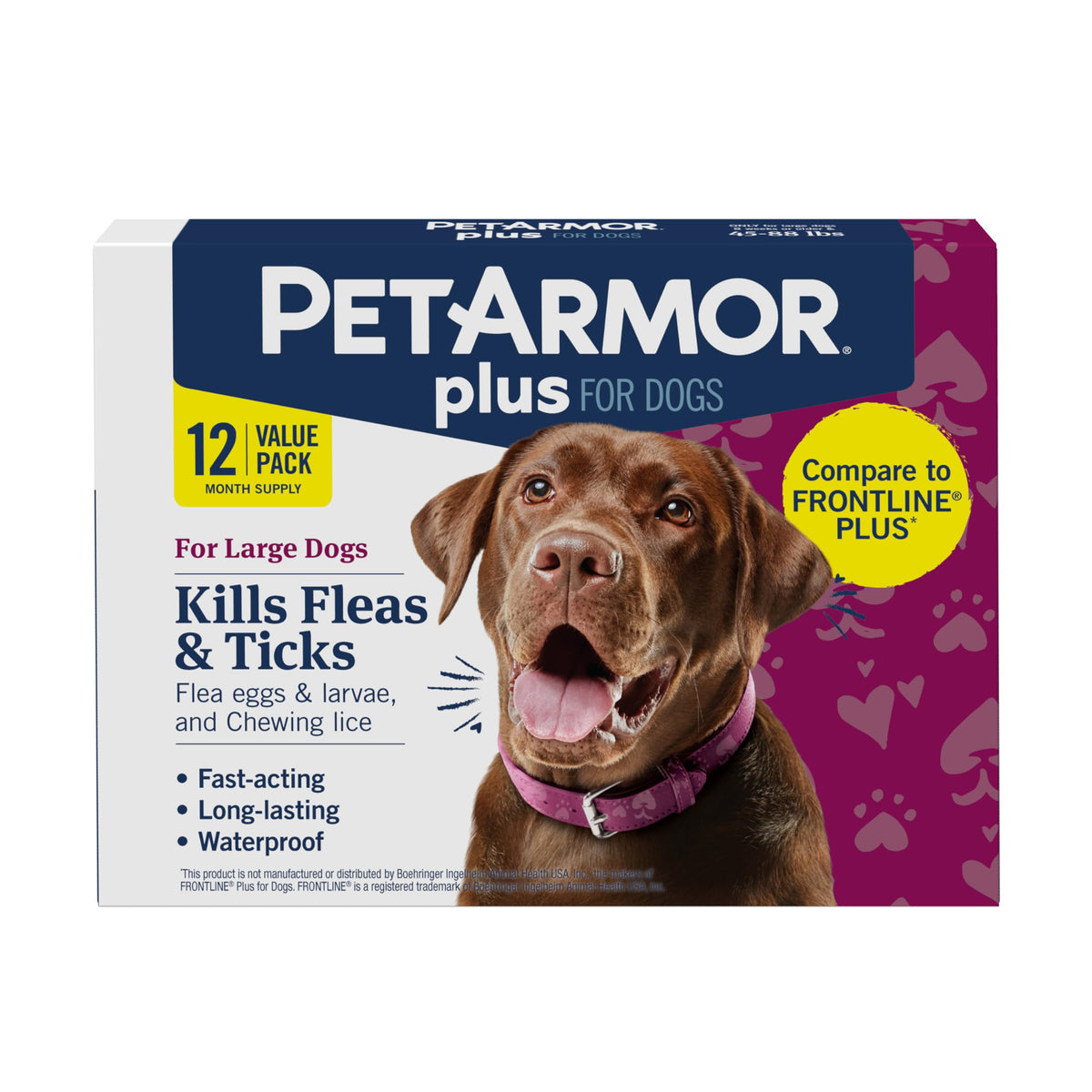 PetArmor Plus large dog packaging showing 12-dose bundle for flea and tick protection.