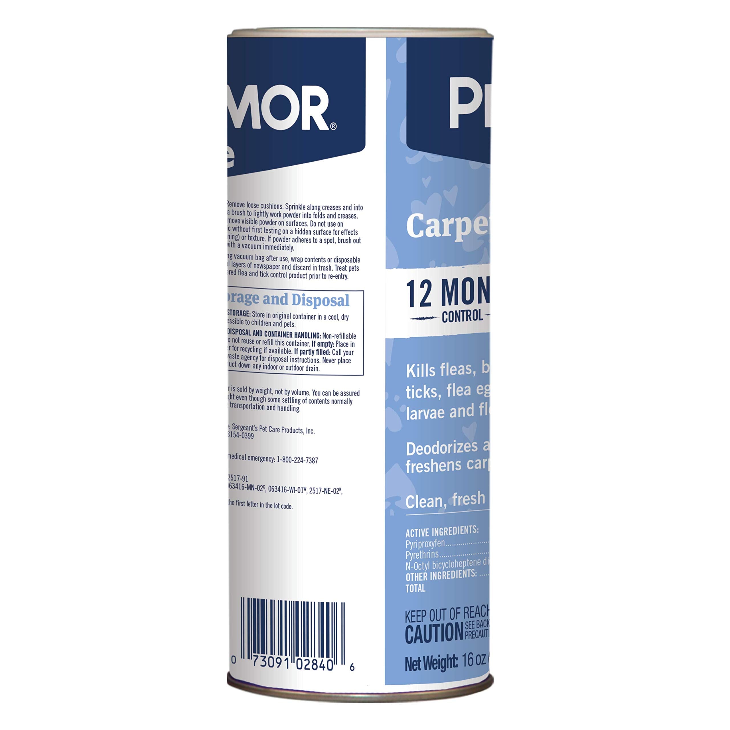 Shaking PETARMOR powder onto carpet for easy application.