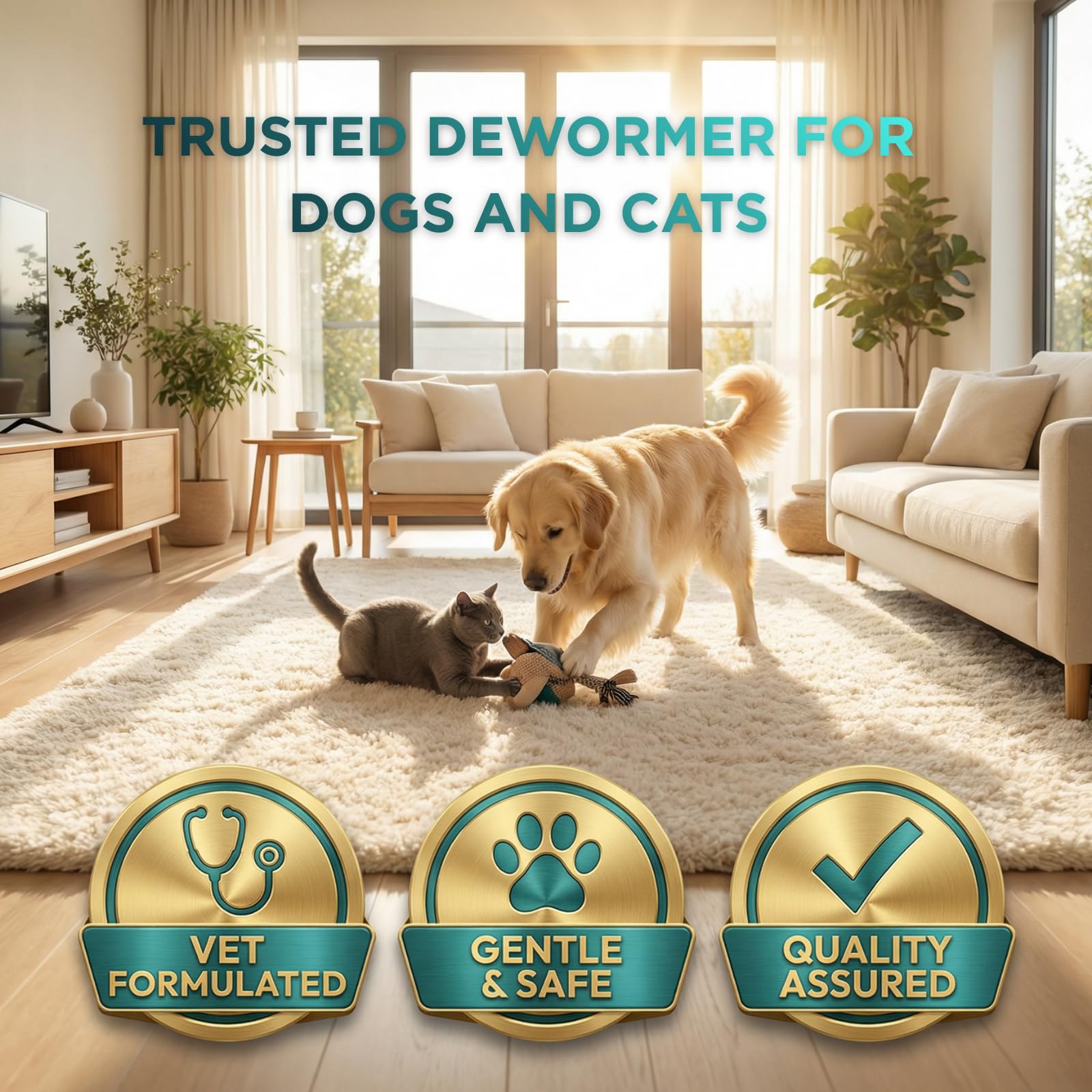 Petcci dewormer liquid bottle with pet care items suggests family-wide use.