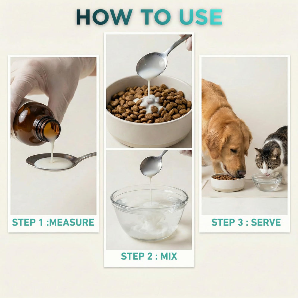 Petcci dewormer liquid mixing with pet food demonstrates simple feeding integration.