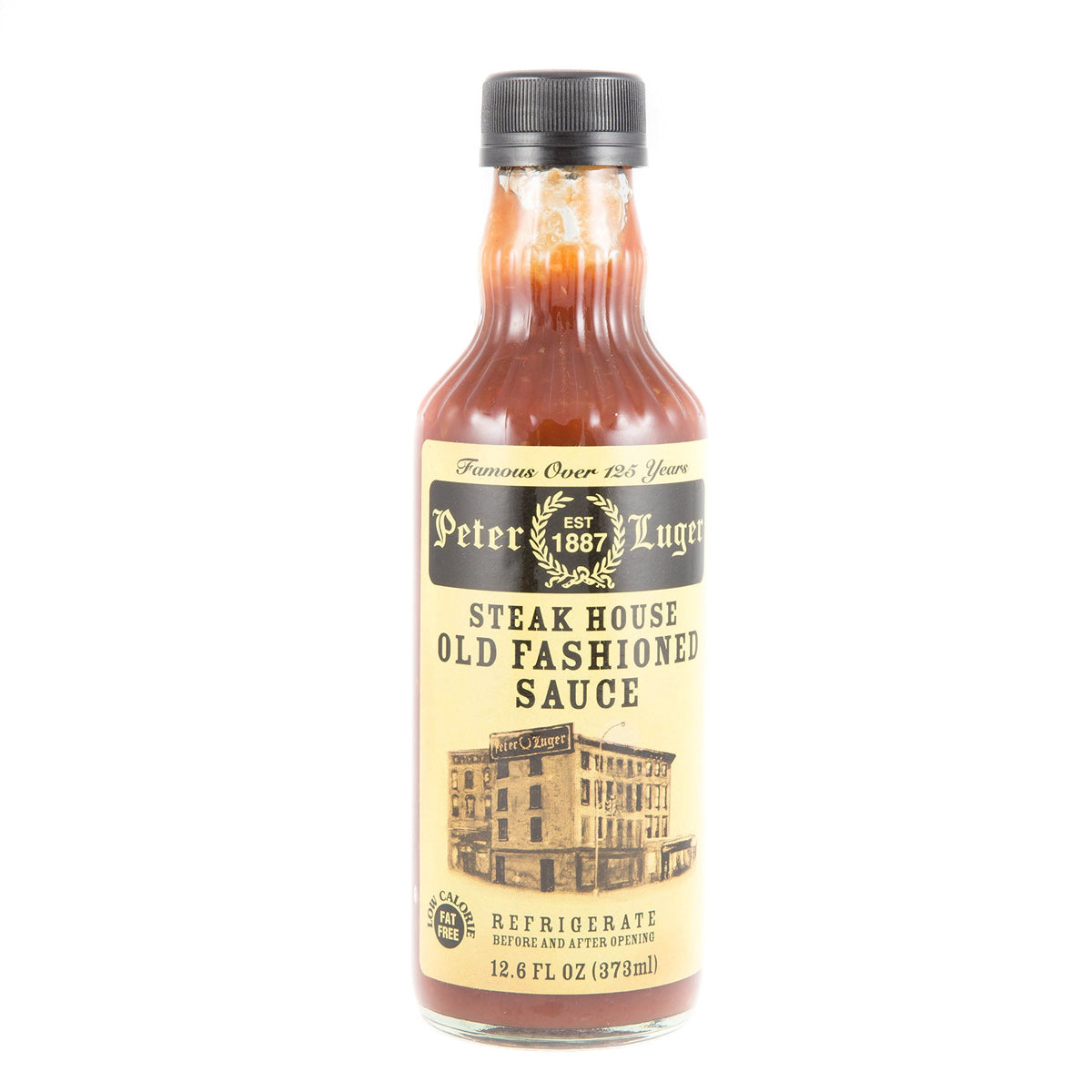 Peter Luger Steak Sauce bottle, bold flavor enhancer for steak, burgers, and chicken.