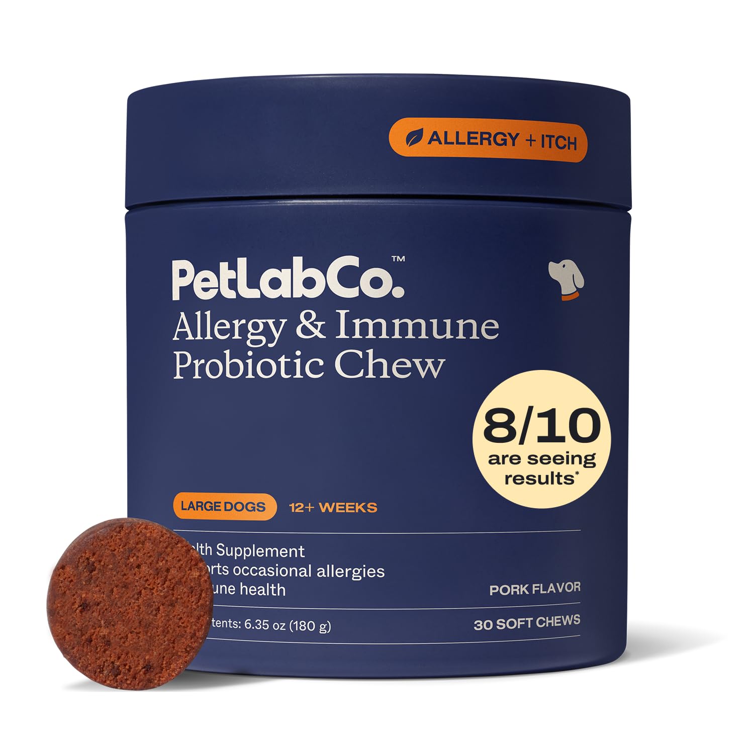 PetLab Co. Allergy & Immune bottle showing daily probiotic support for dogs