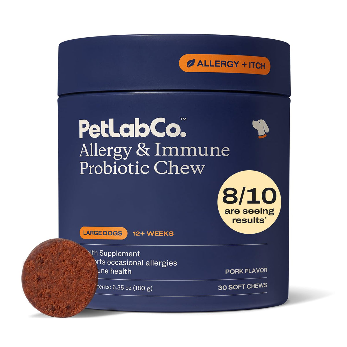 PetLab Co. Allergy & Immune bottle showing daily probiotic support for dogs