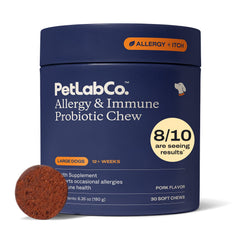 PetLab Co. Allergy & Immune bottle showing daily probiotic support for dogs