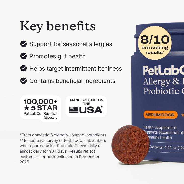 PetLab Co Allergy & Immune Daily Probiotics for Dogs — bottle highlights seasonal allergy support