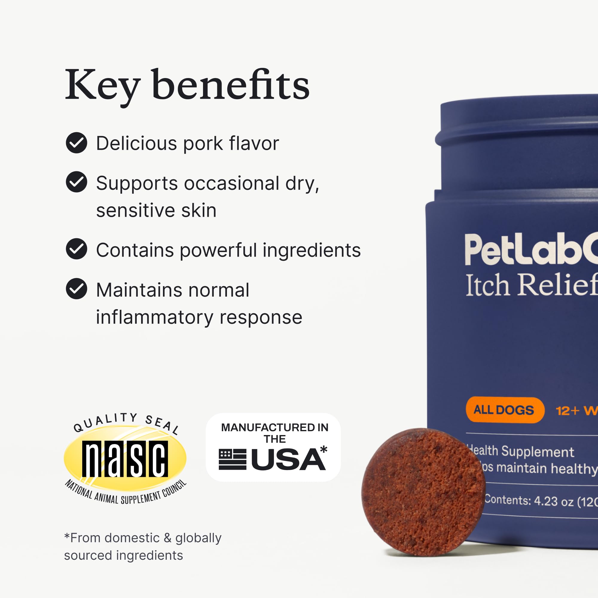 Itch Relief Chew Pro bottle and chews highlight omega-3.