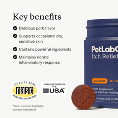 Itch Relief Chew Pro bottle and chews highlight omega-3.