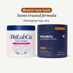PetLab Co Itch Relief Chews bottle back shows ingredients for skin and coat support.