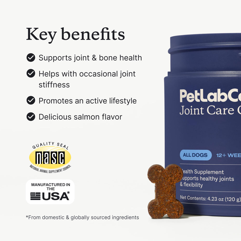 PetLab Co Joint Care Chews omega-3 soft chews promote joint comfort for active dogs.