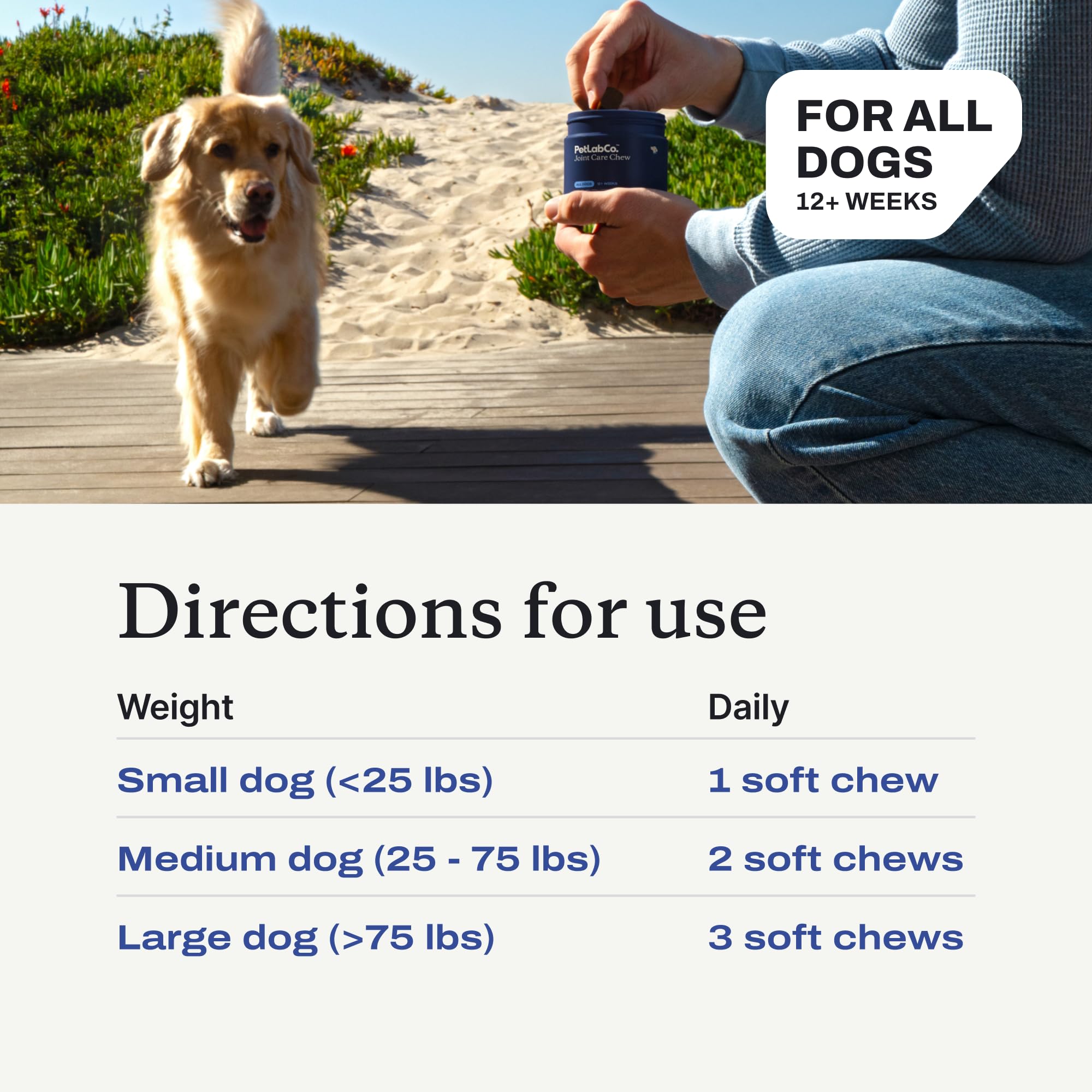 PetLab Co Joint Care Chews owner giving scene emphasizes simple pill-free administration.