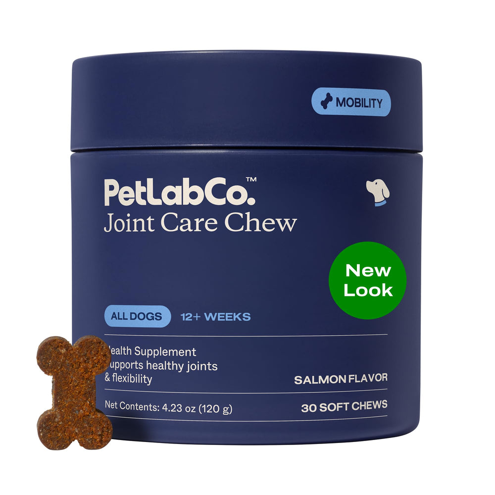 PetLab Co Joint Care Chews salmon flavor bottle offers tasty mobility support for dogs.