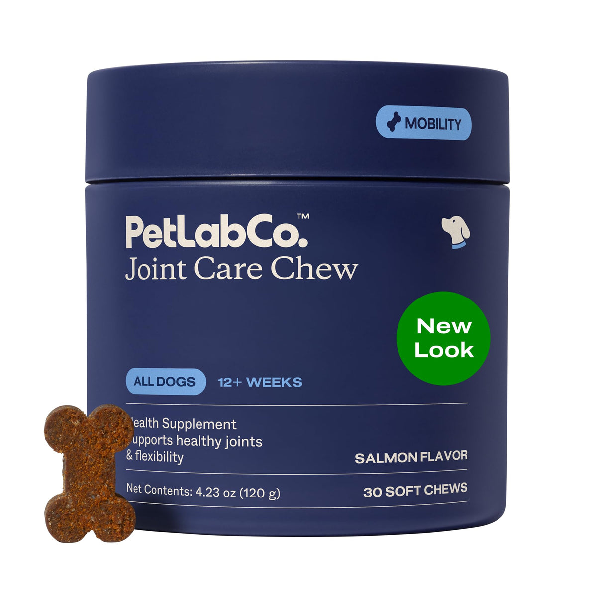 PetLab Co Joint Care Chews salmon flavor bottle offers tasty mobility support for dogs.