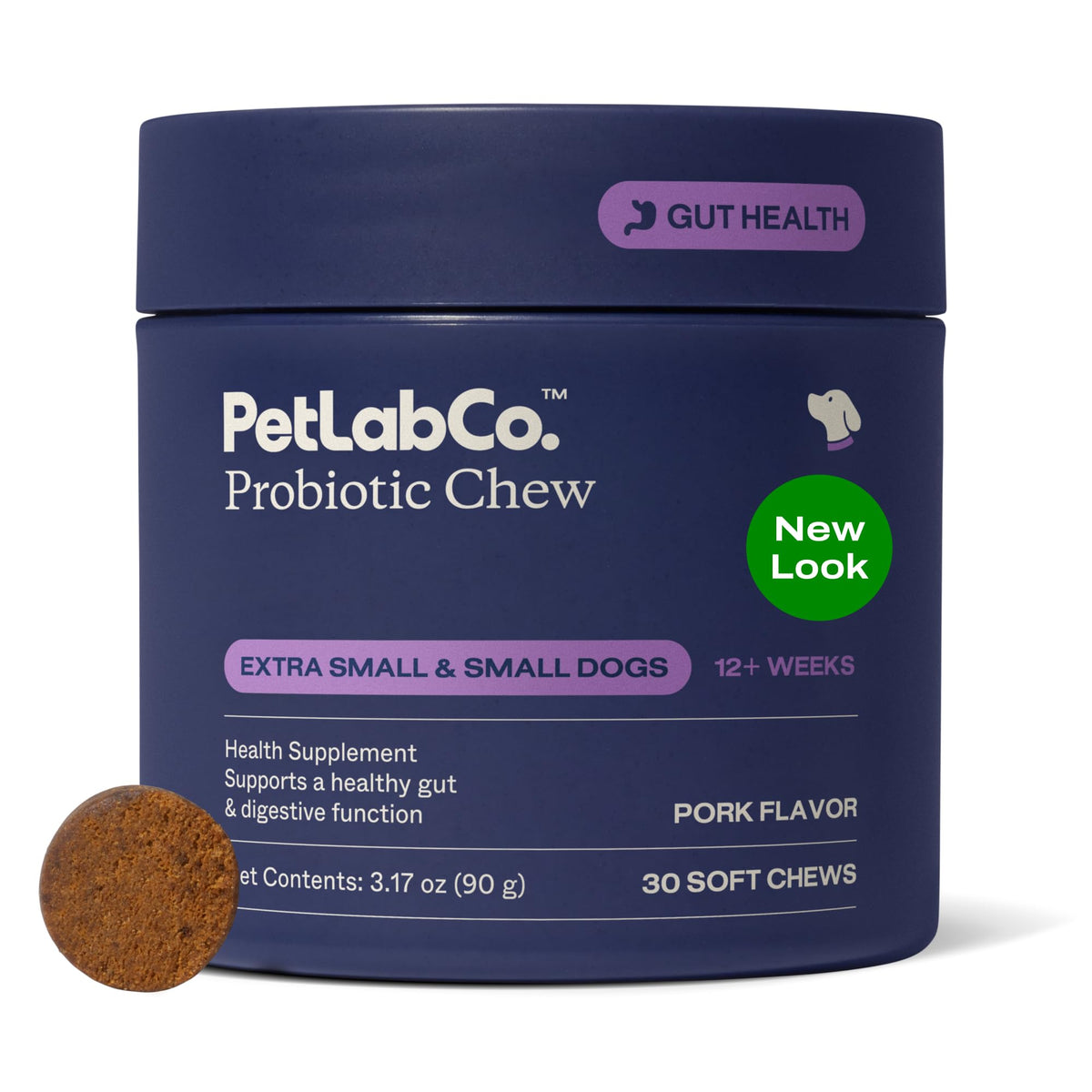 PetLab Co. Probiotics for dogs bottle front showing pork flavor packaging for daily digestion