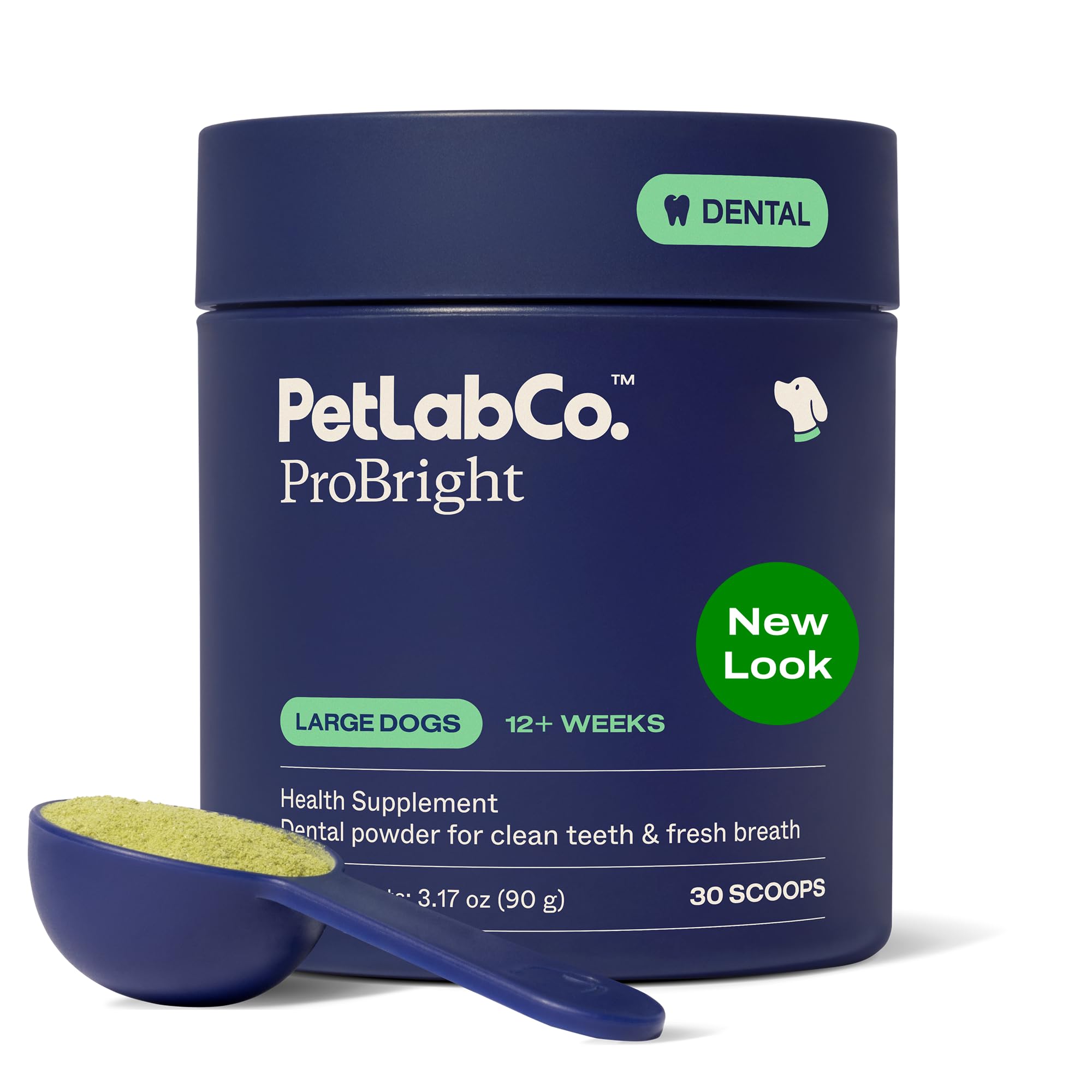 PetLab Co. ProBright dental powder for large dogs, bottle pour demonstrates easy daily care.
