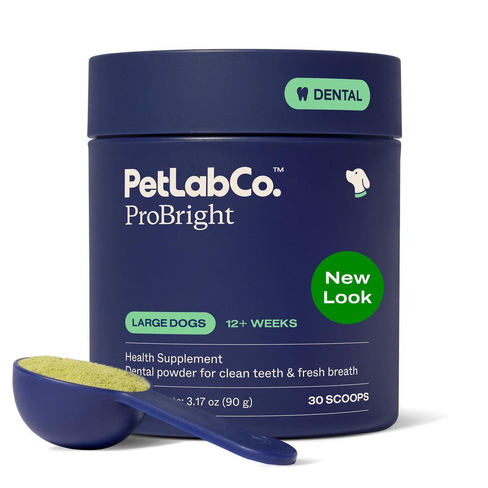 PetLab Co. ProBright dental powder for large dogs, bottle pour demonstrates easy daily care.