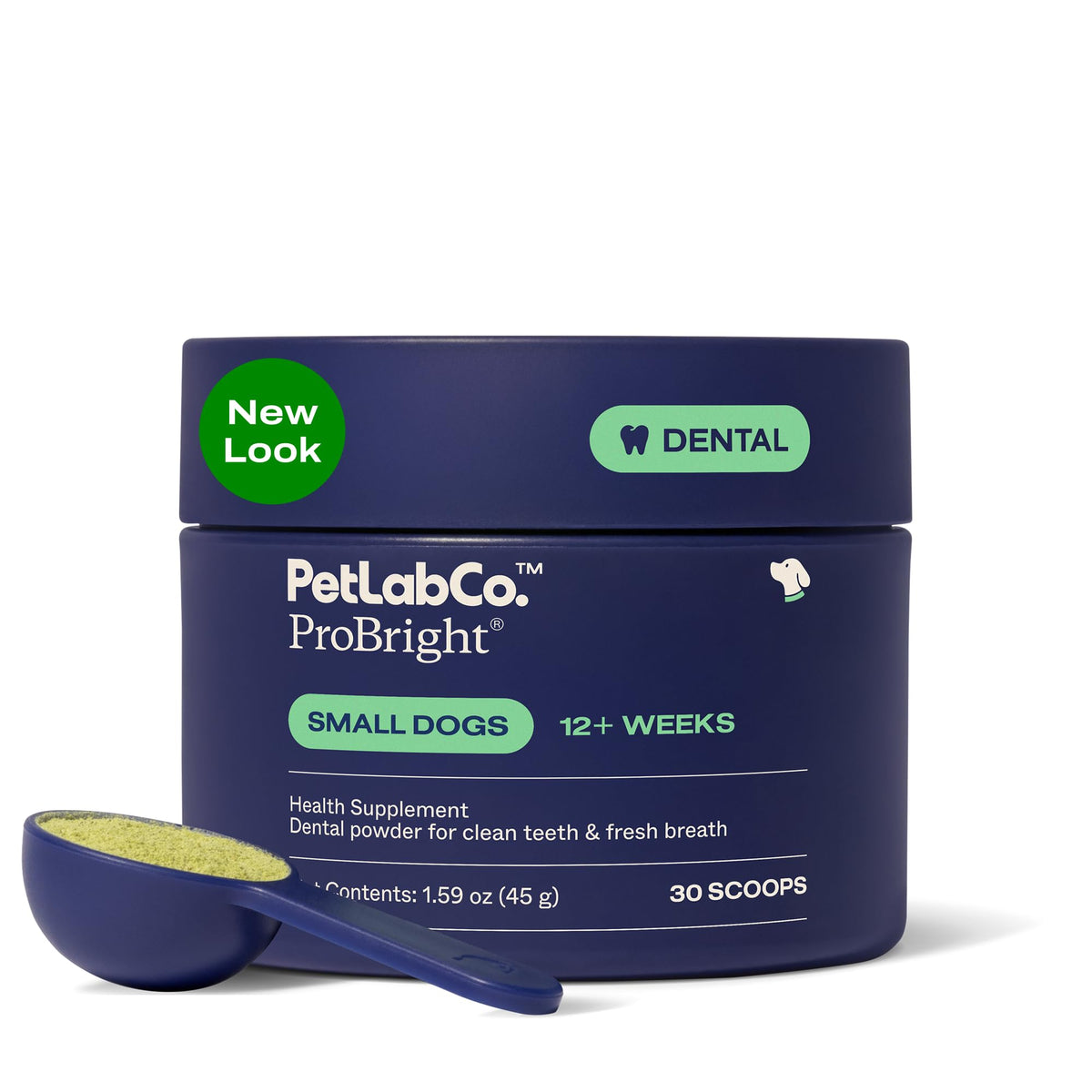 PetLab Co ProBright dental powder packaging with scoop for easy daily use