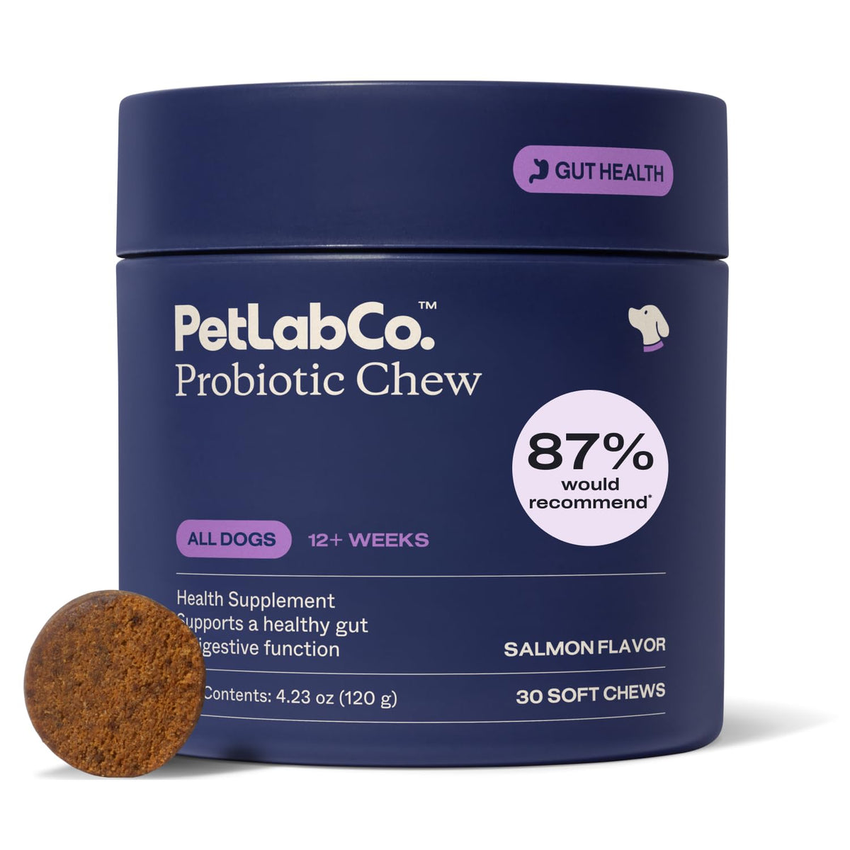 PetLab Co. salmon-flavor dog probiotic chew supports digestive balance.