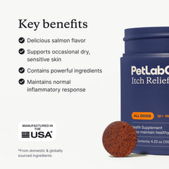 Closeup of PetLab Co Itch Relief Chew highlighting omega-rich ingredients for skin health.